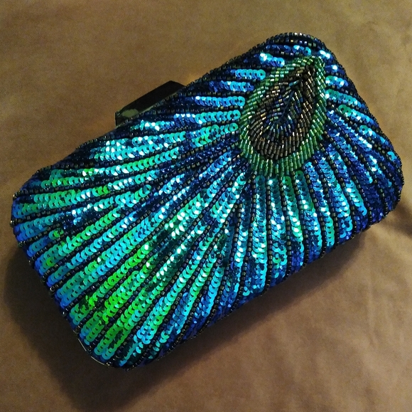 Peacock Blue Feather Retro 20s 30s Style Sequin Box Clutch Purse Crossbody Chain - Picture 5 of 16